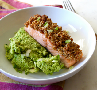 Walnut-Crusted Salmon with Edamame Mash