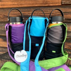 Three Chico Bag Water Bottle Holders in Purple, Blue and Green