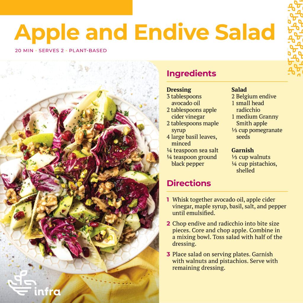 Apple and endive salad on a white plate with a yellow napkin