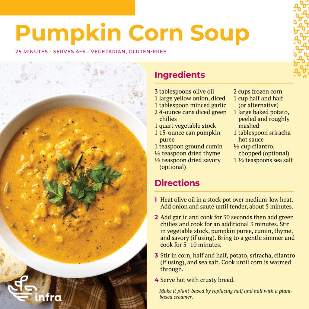 Orange pumpkin corn soup topped with cilantro in a large white bowl on a marble counter