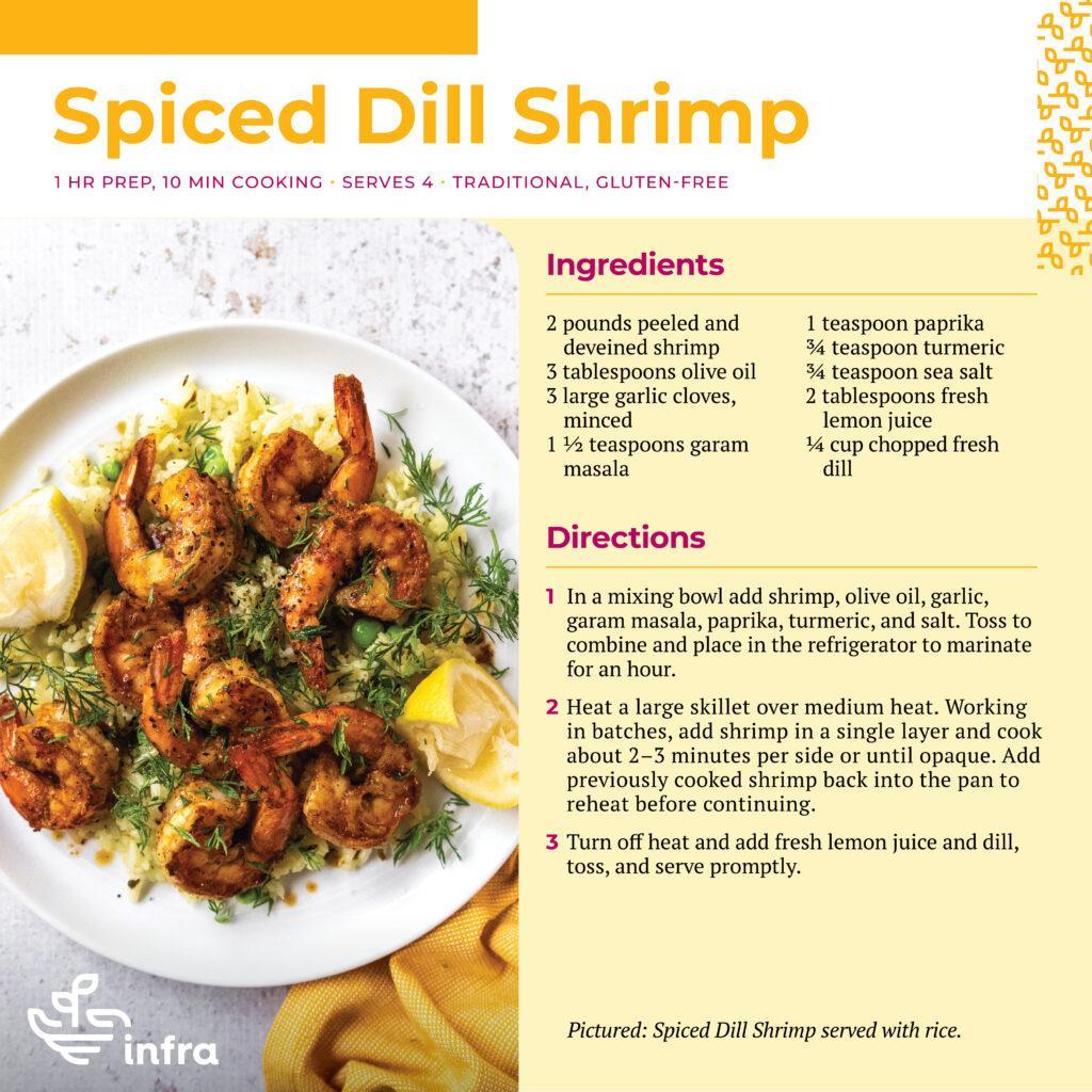 Spiced dill shrimp with lemon slices on a white plate with a yellow napkin in the lower left corner. On a marble background.